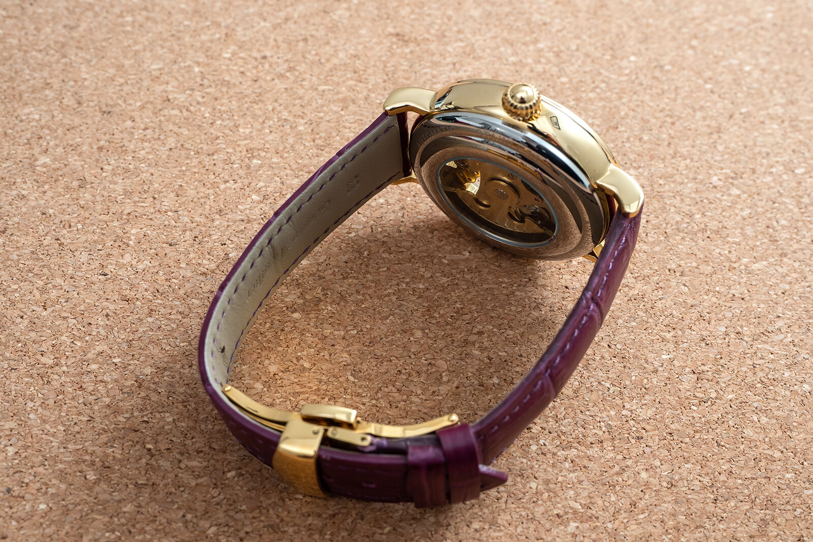 Mens Gold Dual Time Flywheel Automatic Mechanical Watch Black Purple Leather