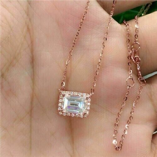 3Ct Emerald Cut Created Diamonds Halo Pendant 14K Rose Gold Finish Necklace 18″