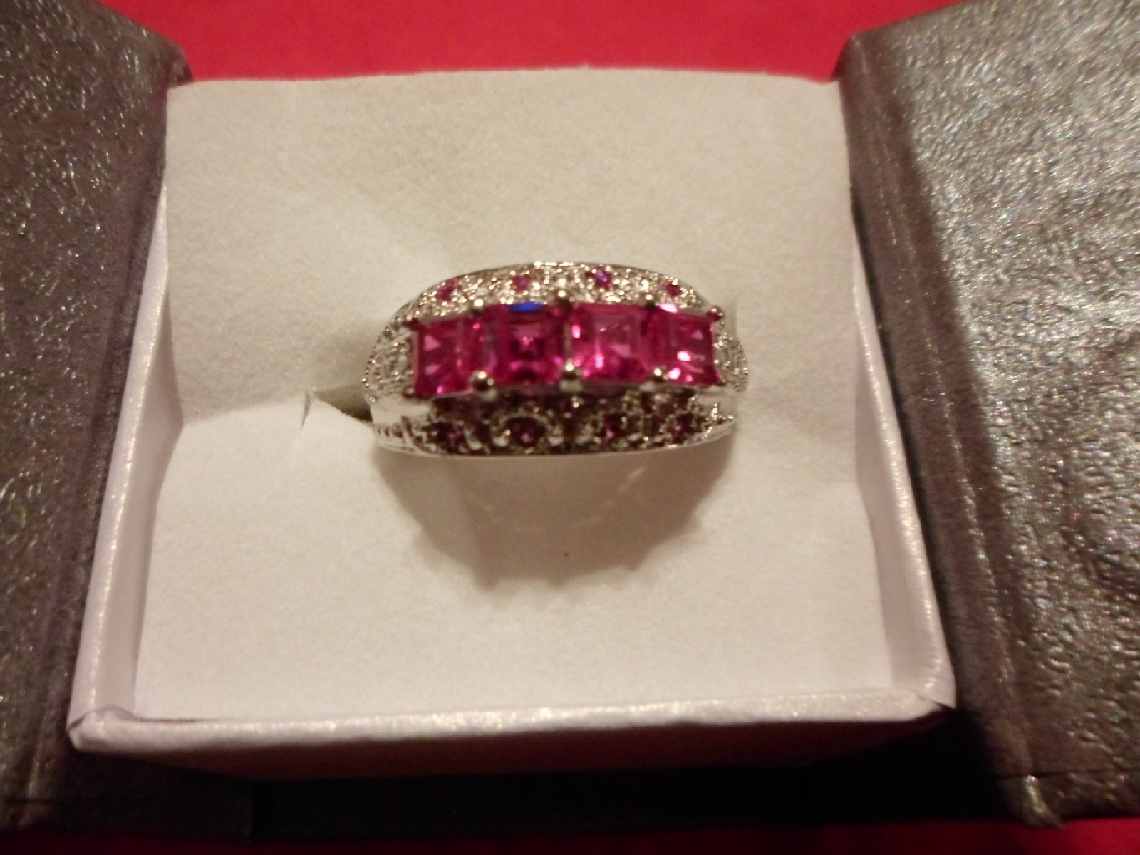Lab Created Square Cut Ruby Ring in Platinum Overlay-Size 7-1.90 Carats