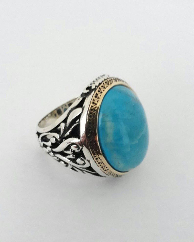 Solid 925 Sterling Silver Natural Arizona Turquoise Gemstone Men’s Unisex Ring