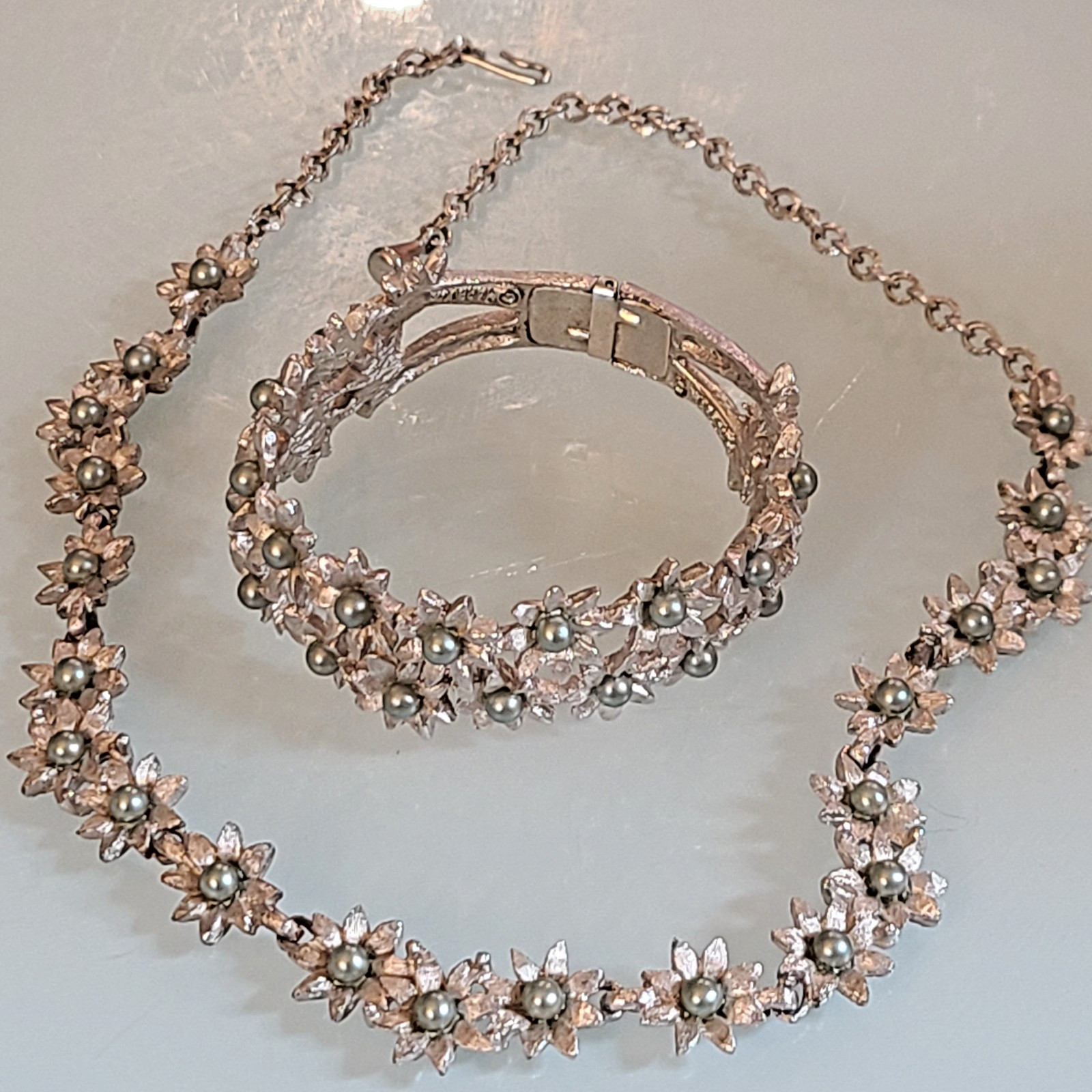 Vintage Marboux BOUCHER Floral Clamper Bracelet Necklace Set Grey Green Pearl