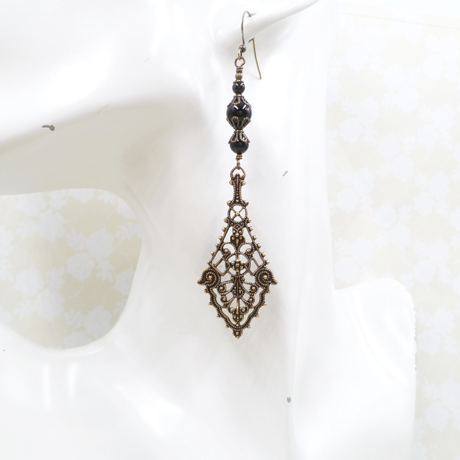 Victorian Gothic Earrings, Antique Brass Filigree Black Bead Long Dangle Jewelry