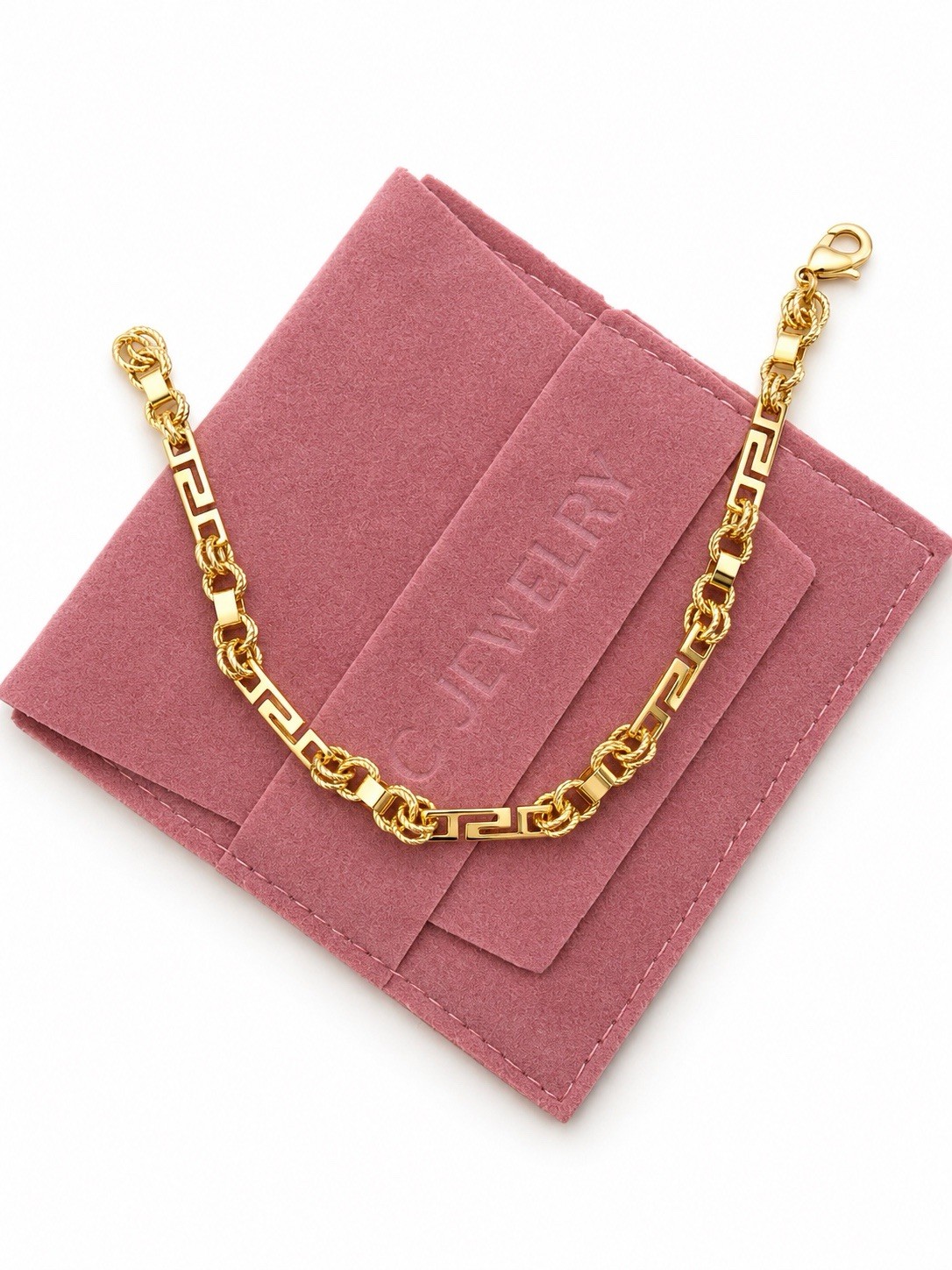 14K Gold Plated Greek Key & Interlocking Link Chain Bracelet Water Resistant