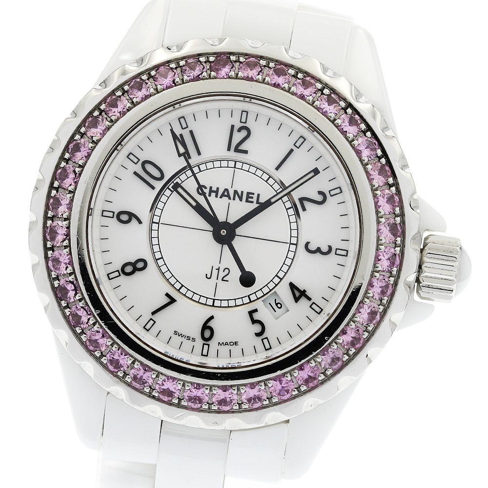 CHANEL J12 H1181 Pink Sapphire Bezel white Dial Quartz Ladies Watch_959548