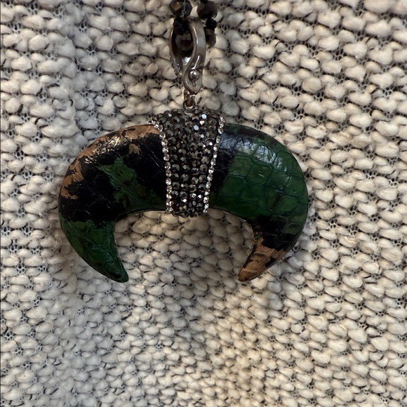 Boho Reversible Crescent Horn Pendant Necklace Green Snakeskin Pearl Brown Stone