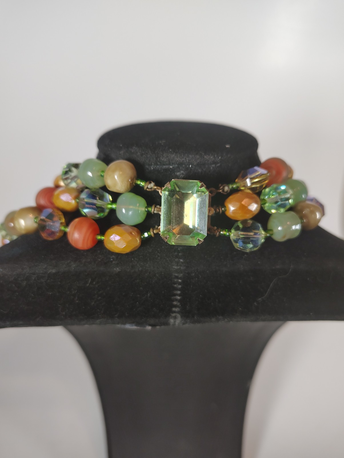 Vintage 3 Strand Glass & Early Plastic Bead Necklace UV Reactive 18″ 114g