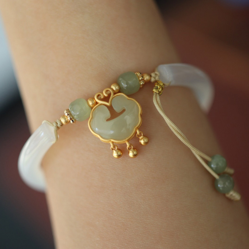 Natural Agate Chalcedony Blessing Lock Bracelet Auspicious Ruyi Lock Bangles