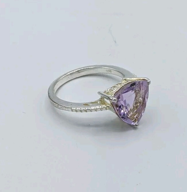STS Rose De France Amethyst Trillion Cut & CZ Ring in Sterling Silver Size 8.25
