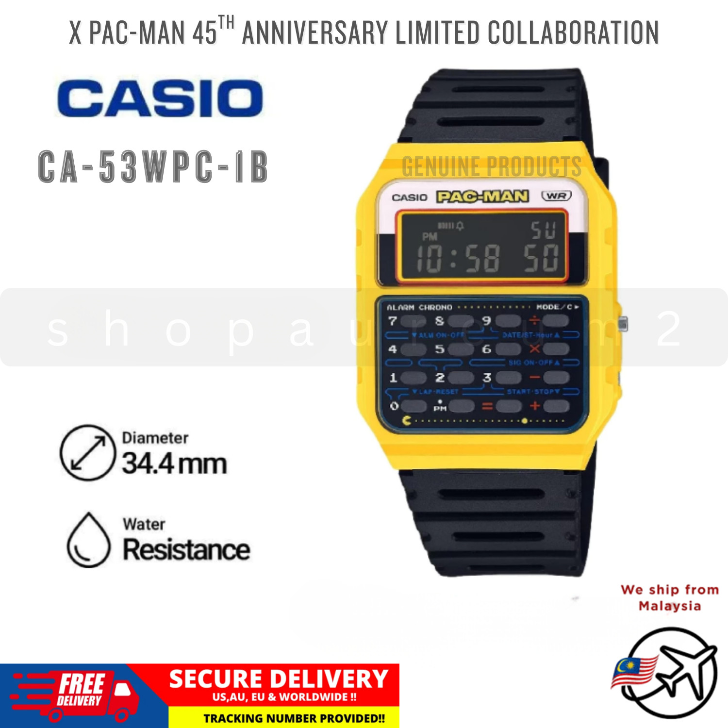 Casio Digital PAC-MAN Collaboration Alarm Chrono Calculator CA-53WPC-1B Watch