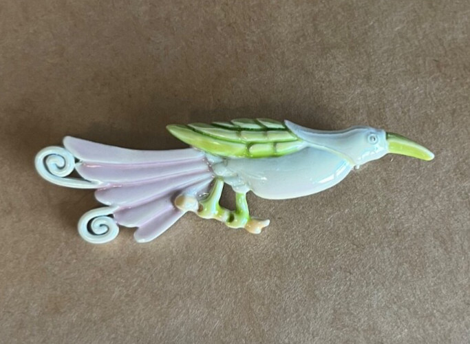 Vintage Bird of Paradise enamel pin, green pink, white