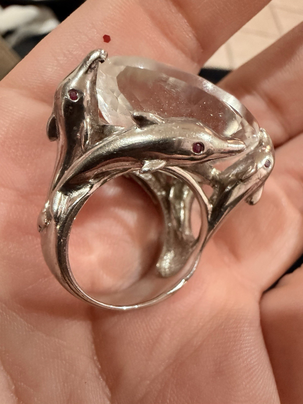 VTG Sterling Silver Dolphin Ruby Eyes Crystal 38 Carat Unique Piece Ring
