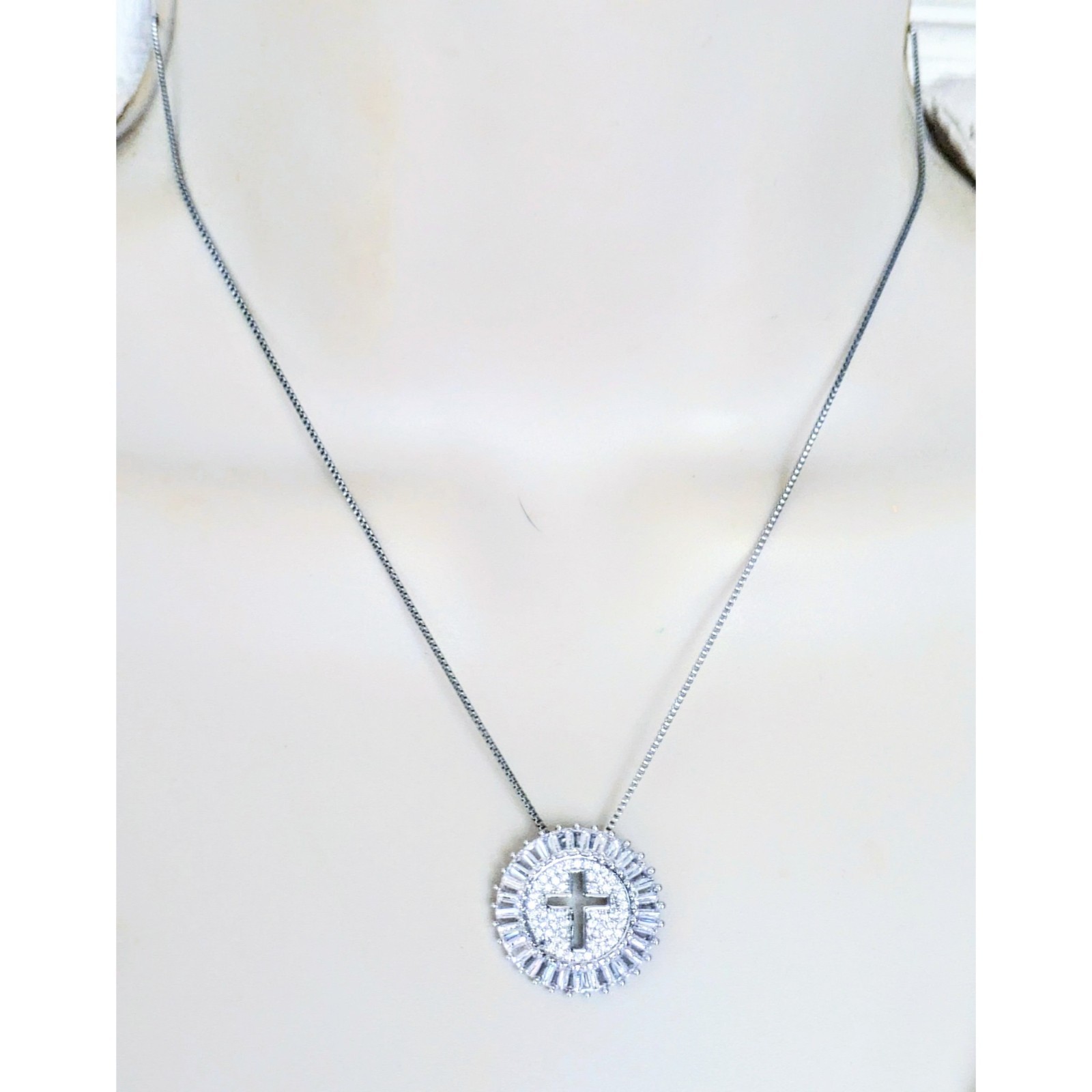 Rhodium Plated Pave Baguette C.Z. Stone Holy Cross Pendant Chain Necklace 16-20″