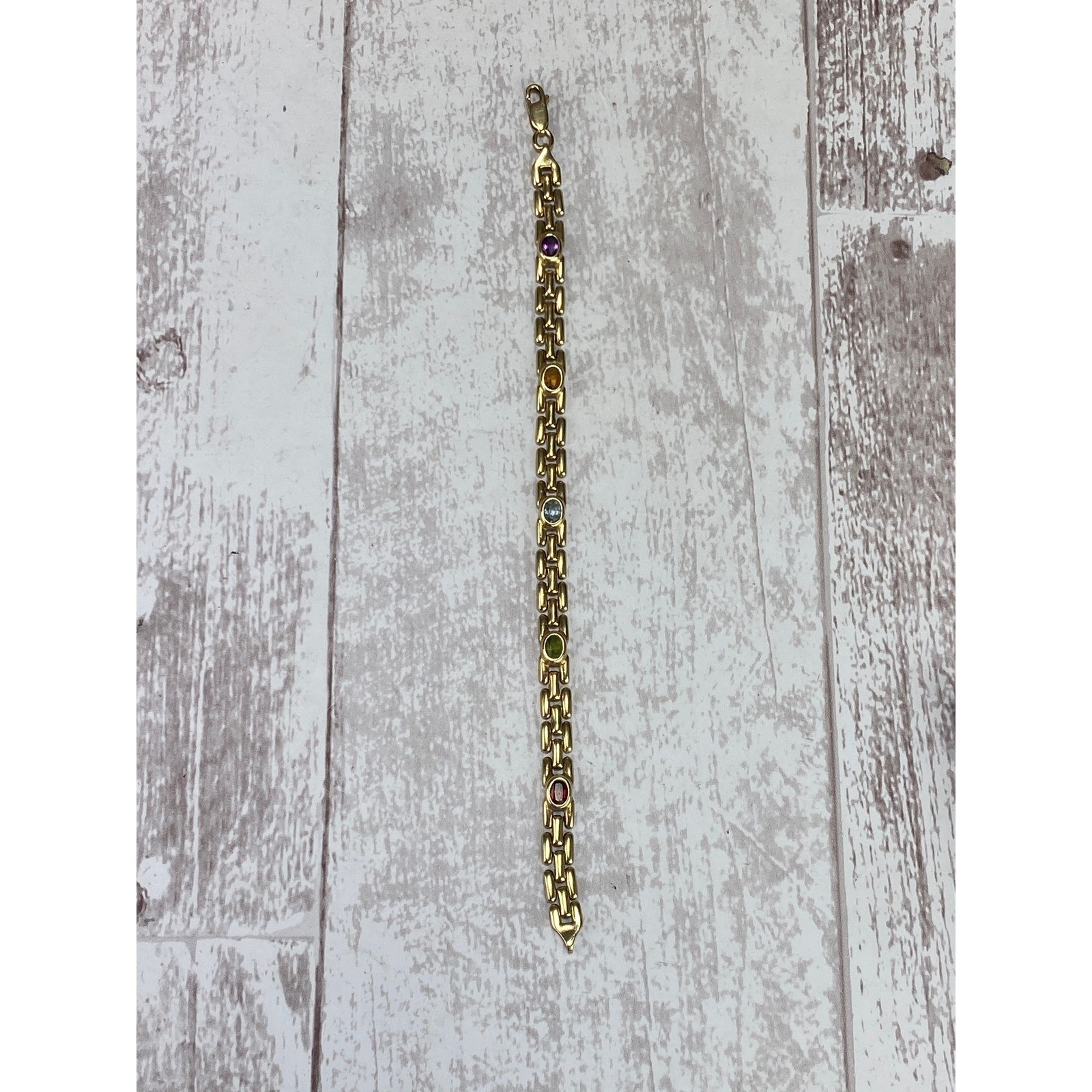 Estate 14k Yellow Gold Panther Link Multi Gemstone Rainbow Bracelet 7.25in