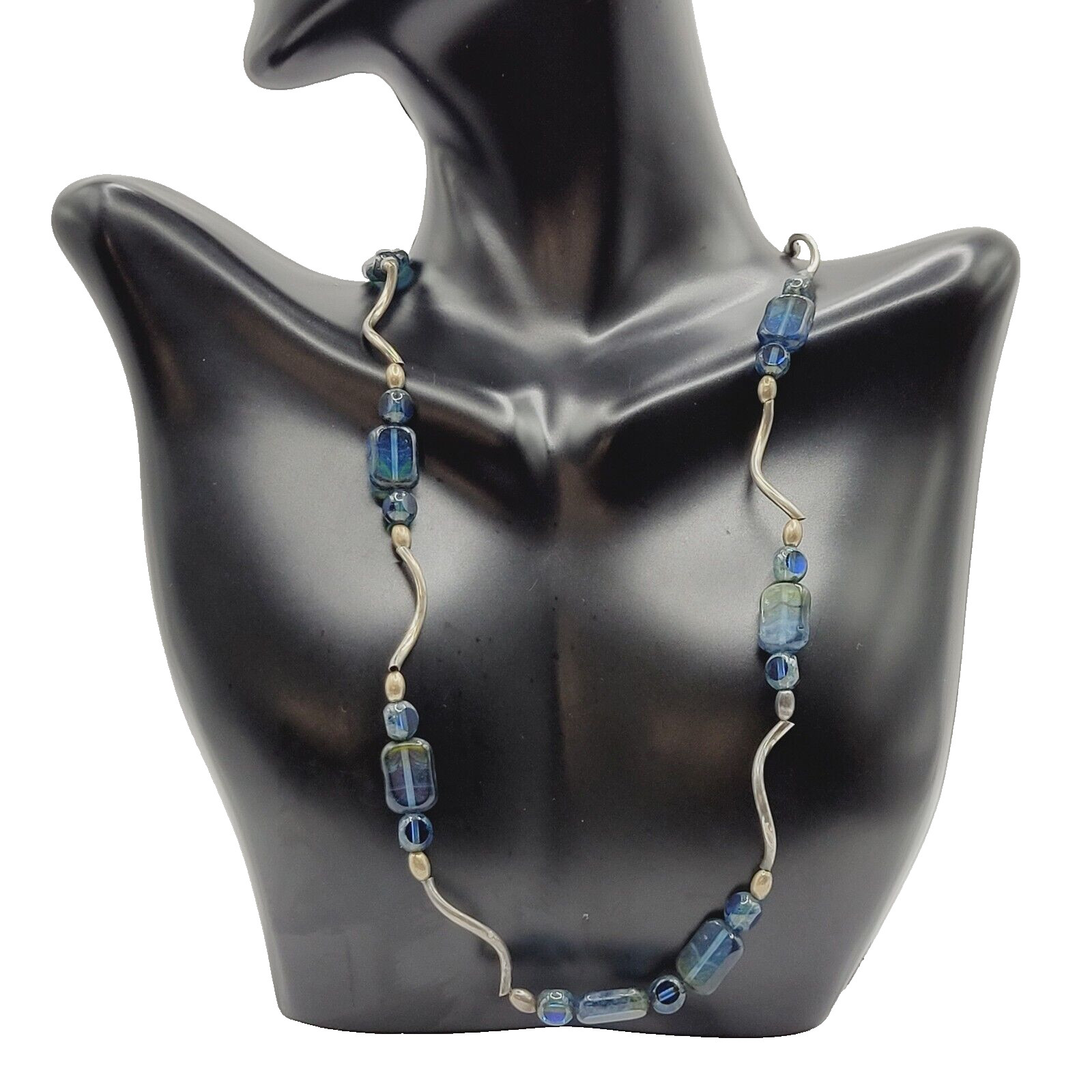 Vintage Blue Green Translucent Art Glass Necklace Wavy Silver Tone Alloy 18 in