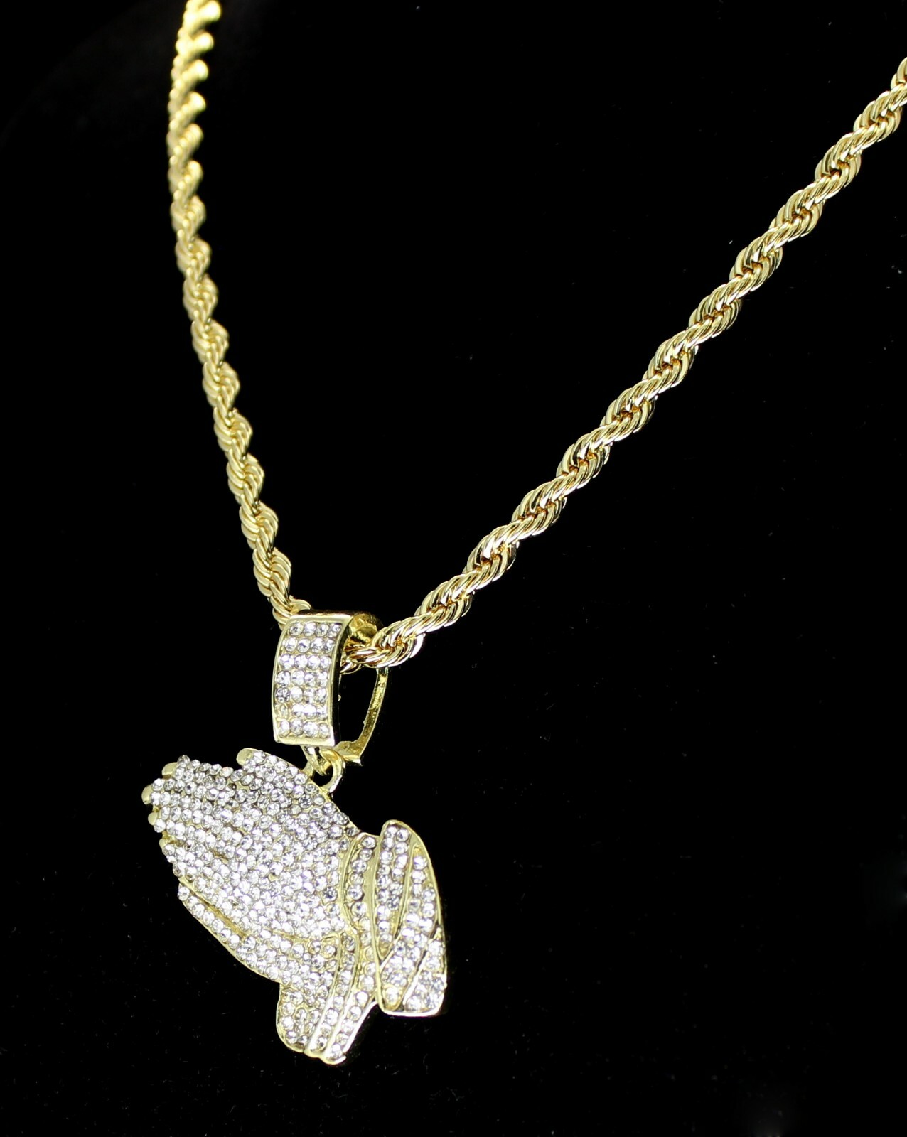 Icy Praying Hands Cz Pendant 14k Gold Plated 24″ Rope Chain Hip Hop Necklace