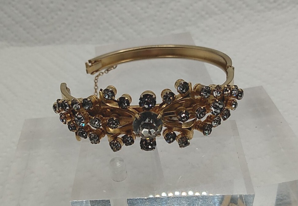 Vintage Gold Tone Rhinestone Hinged Bracelet With Safety Chain