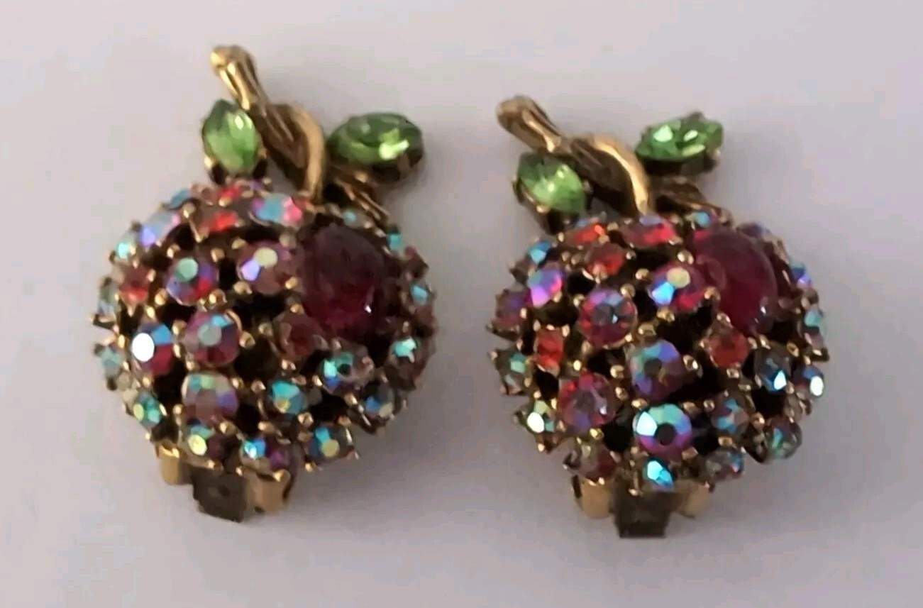 Vintage ART Arthur Pepper Red AB Rhinestone Apple Earrings
