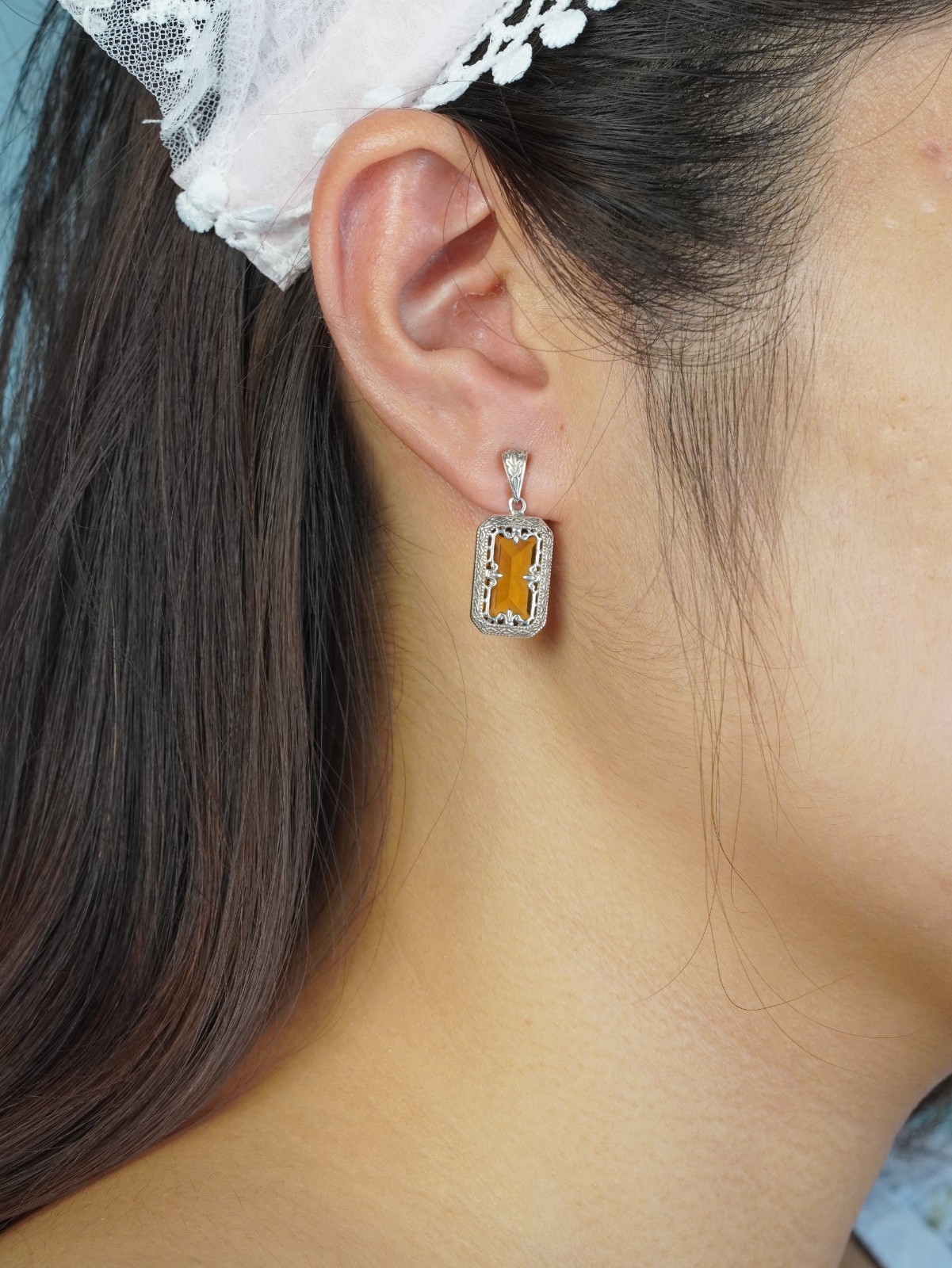Silver925 Synthetic Citrine Vintage Filigree Earrings