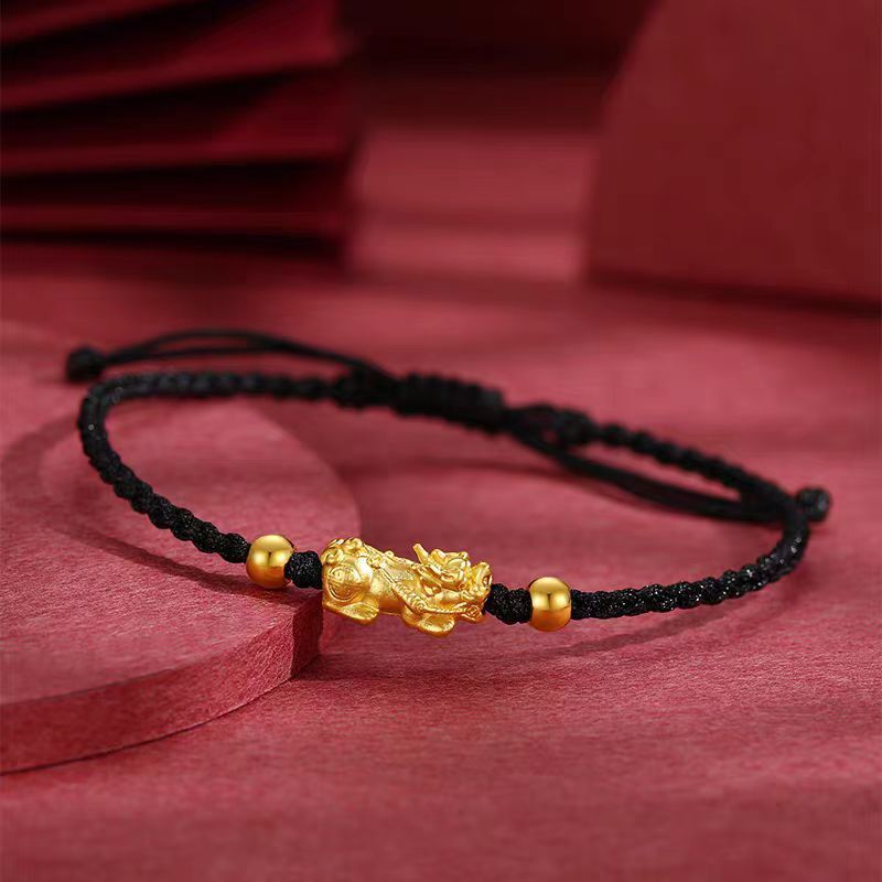 Pure 999 24K Yellow Gold Men Women 3D Wealth Dragon Pixiu Bead Bracelet 0.3-0.5g