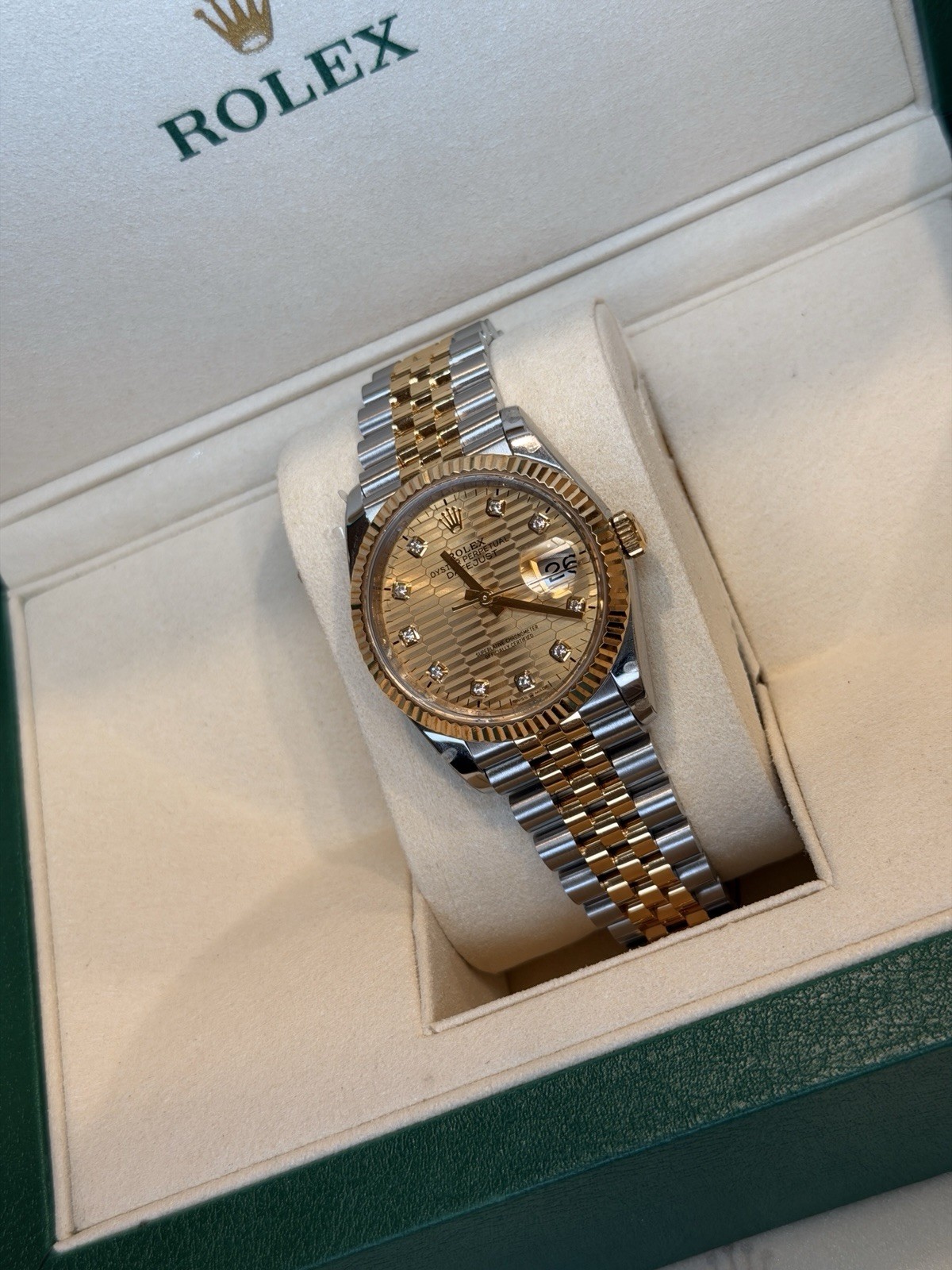 Rolex Datejust 36 Two-Tone Jubilee Bracelet Fluted Bezel Diamond Gold Dial