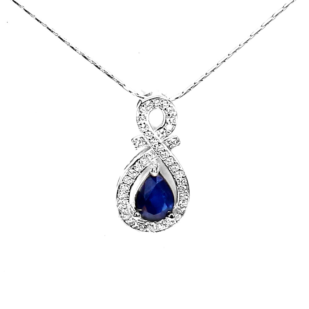 925 Sterling Silver Necklace Pear Sapphire Diffused 7x5mm Gemstone Jewelry 18in