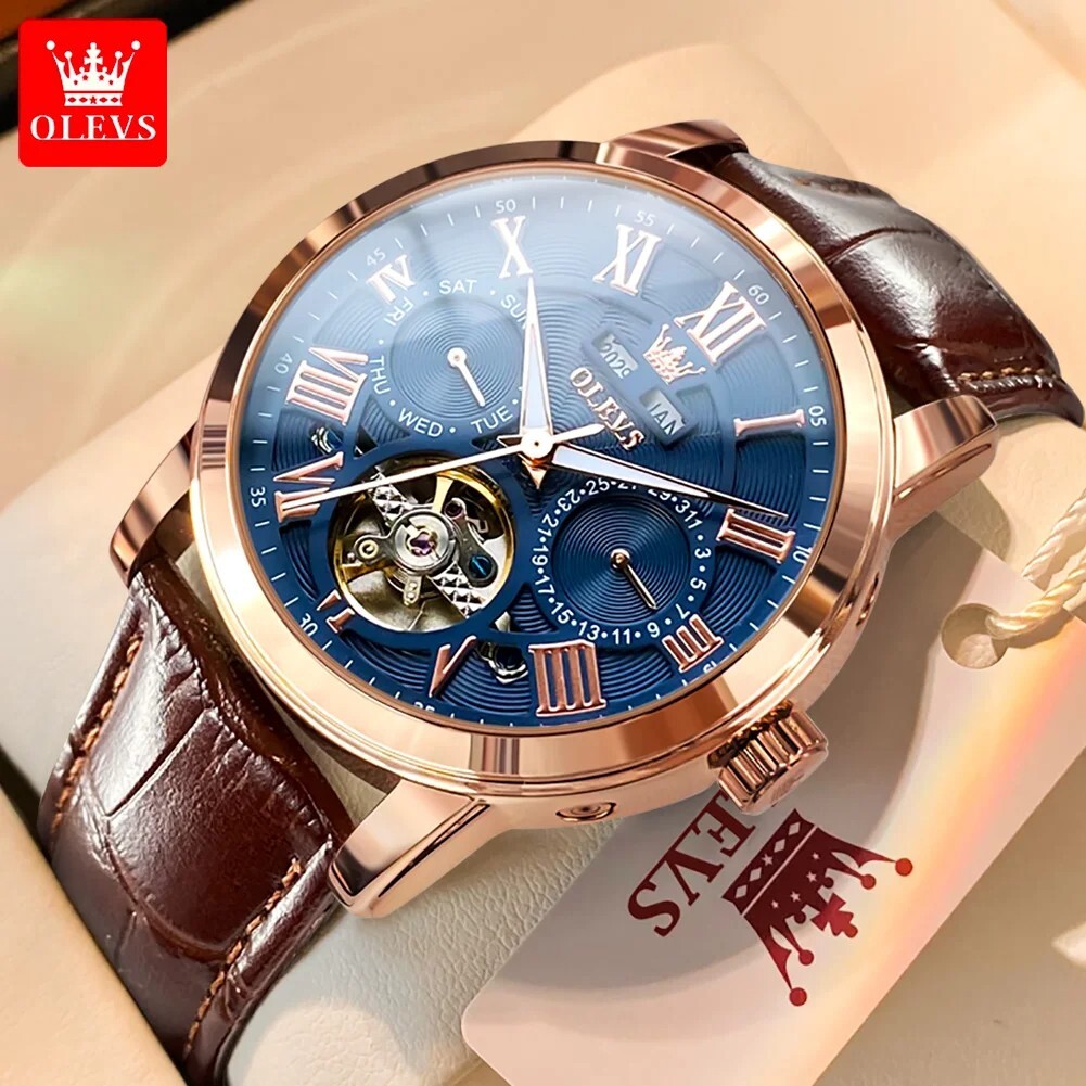 Automatic Mechanical Waterproof Watch Men’s Luxury Skeleton OLEVS Date Men Stra