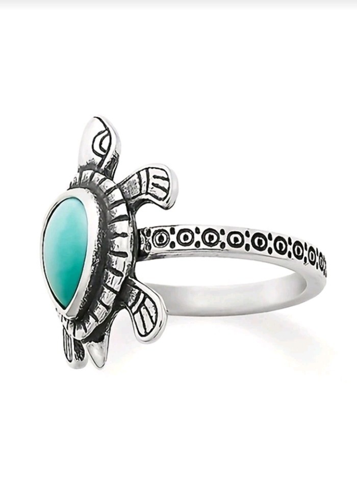 Silver-Plated Zinc Turtle Ring Blue Teardrop-Shaped Stone Size 6