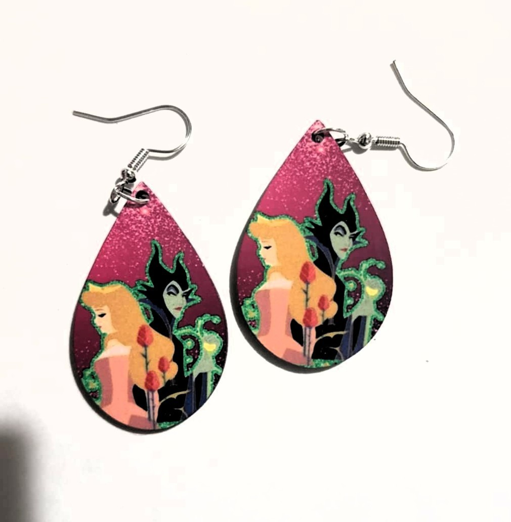 Sleeping Beauty: Maleficent Wooden Teardrop Earrings with Hypoallergenic Hook
