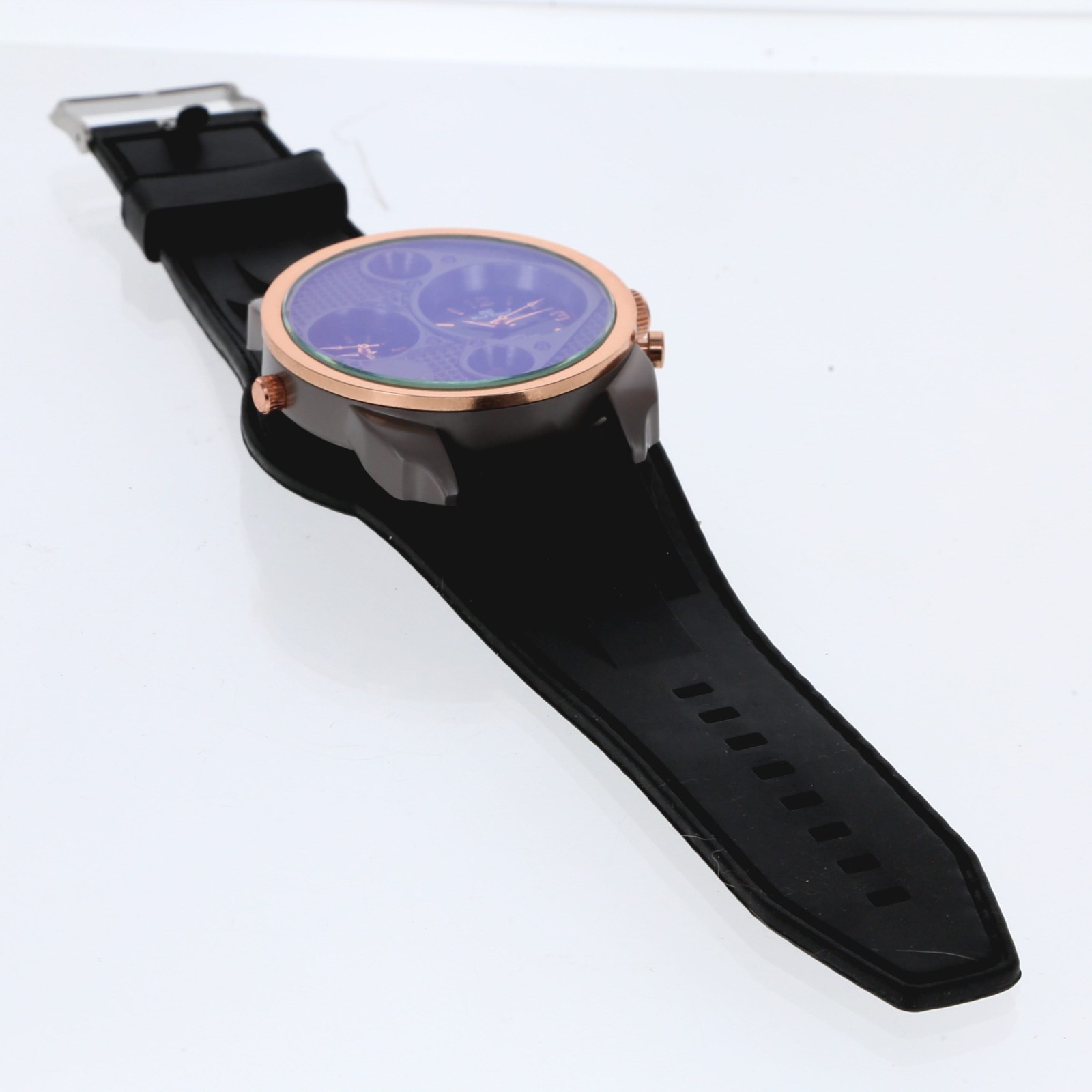 Big Bezel Dual Time Zone Gold Rose & Gray Finish Wide Black Silicon Band 50mm