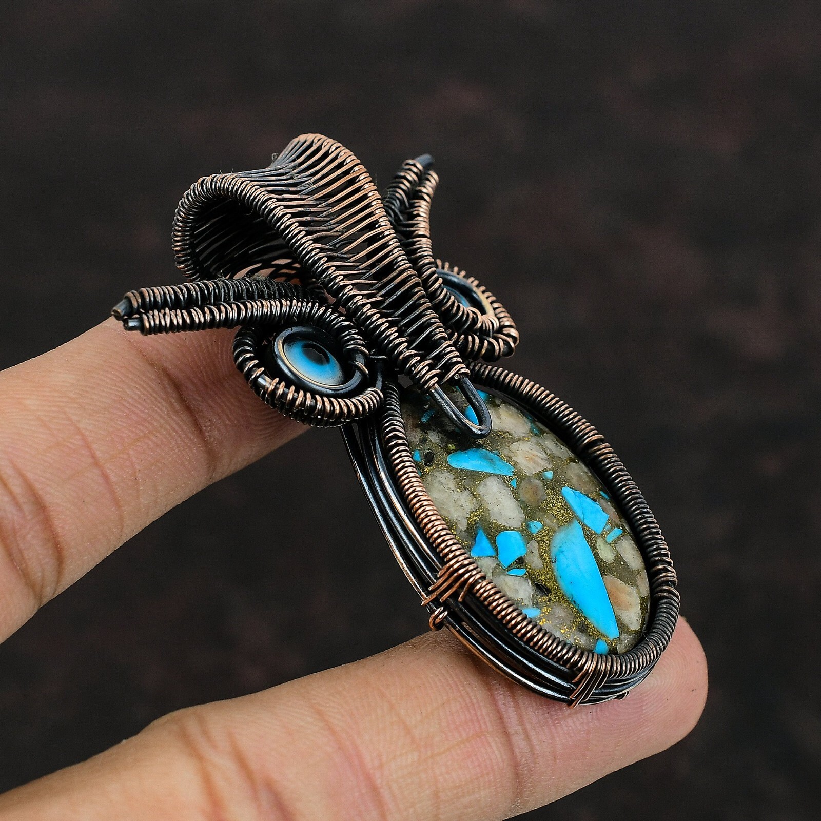 Pink Opal Turquoise Copper Gift For Briedsmaid Wire Wrapped Owl Pendant 2.6″