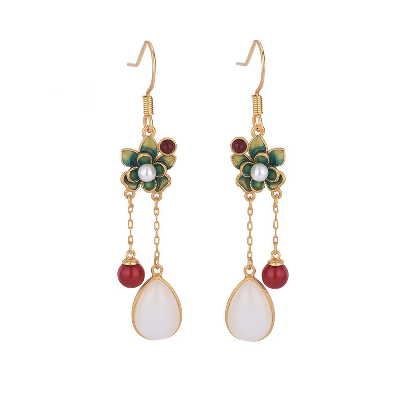 Chinese Style Retro Vintage Hetian Jade Cloisonné Earrings Women Retro Jewelry