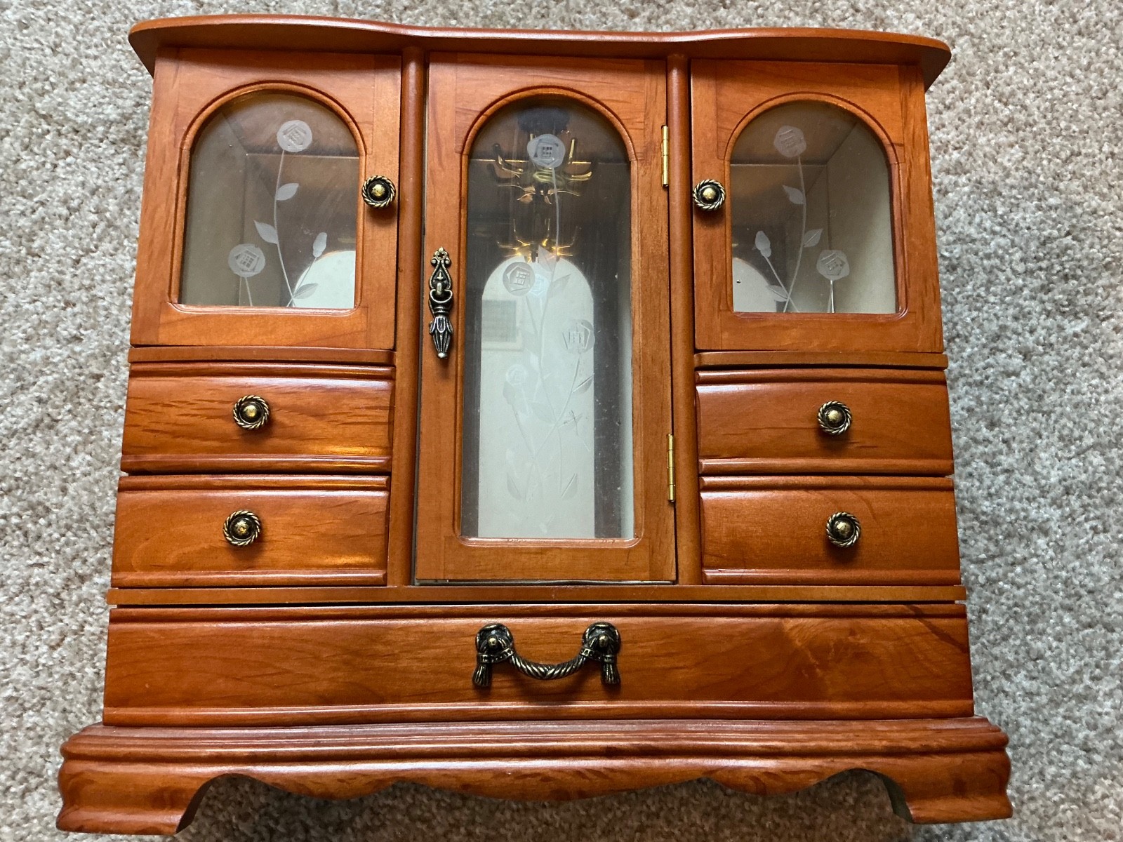 Vintage Wood Wooden Etched Glass Jewelry Box Armoire 13×13 Drawers Velvet Floral