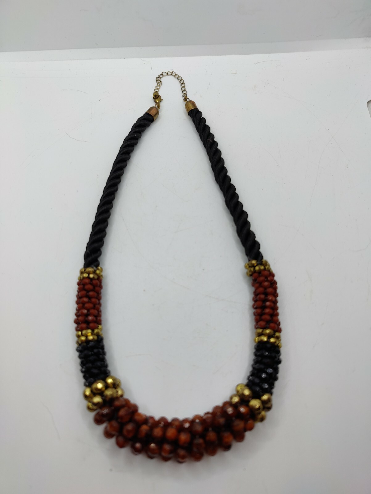 Beaded & Rope Necklace Brownish Red & Black. 10″. Z59