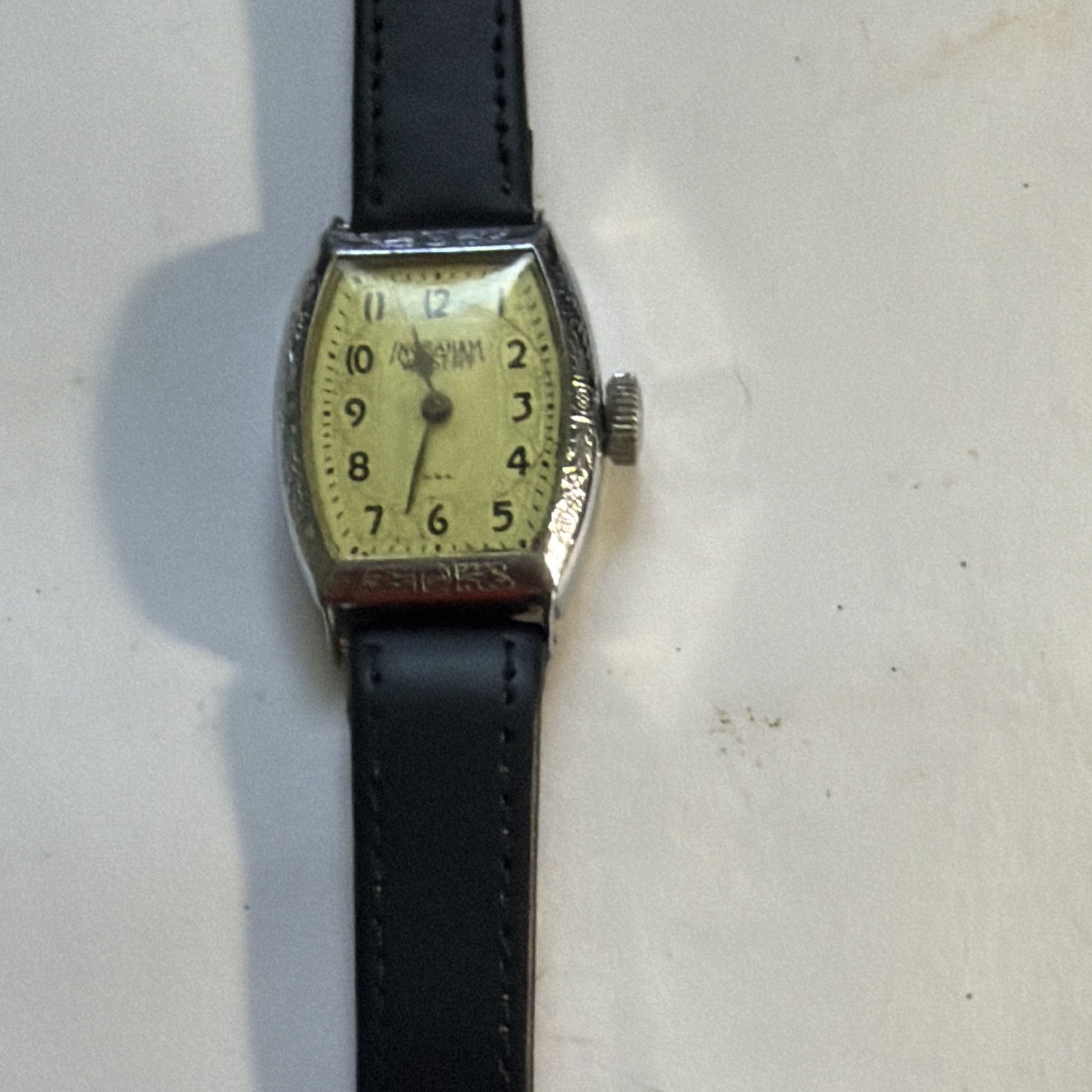 Ingraham Westfield Manual Tonneau Silver Cream Arabic Dial Black Leather 7J