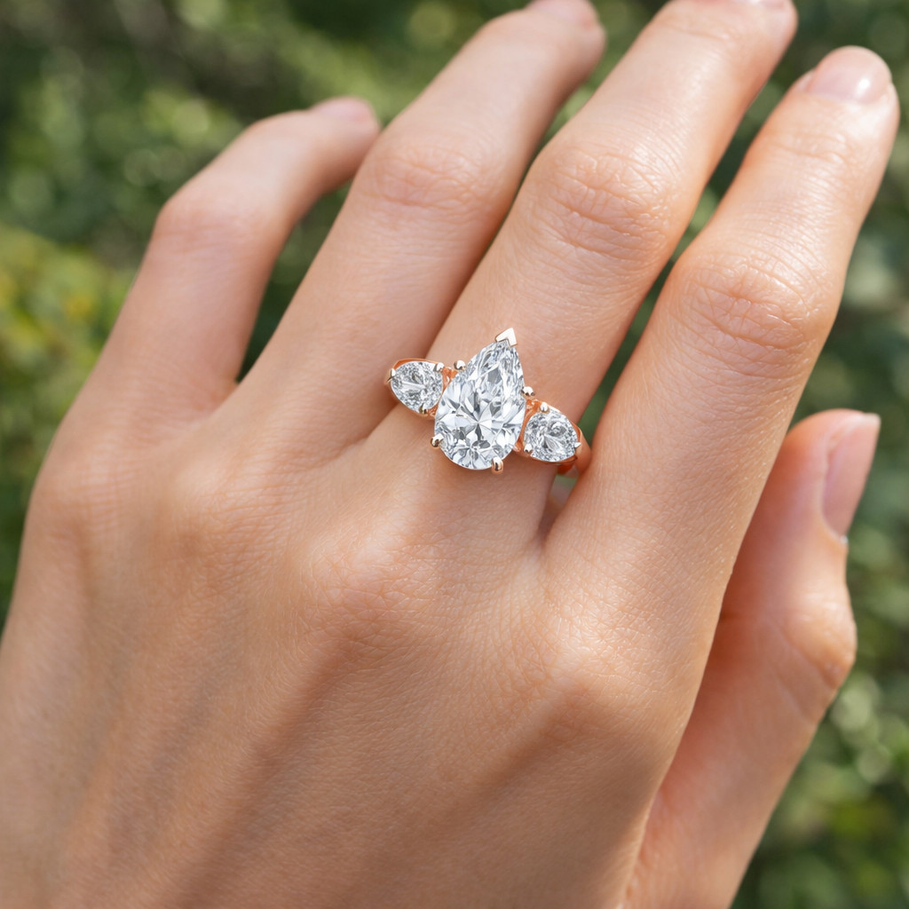 3.40 Ct Pear Cut Moissanite 3 Stone Prong Set Engagement Ring in Silver For Her