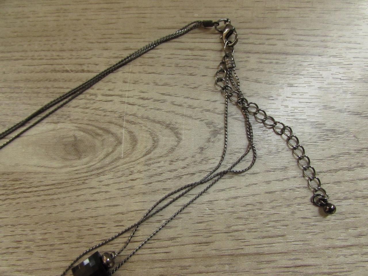 Multi-Strand Black Beaded Necklace Square Round Beads w/ Floral Pattern 20″