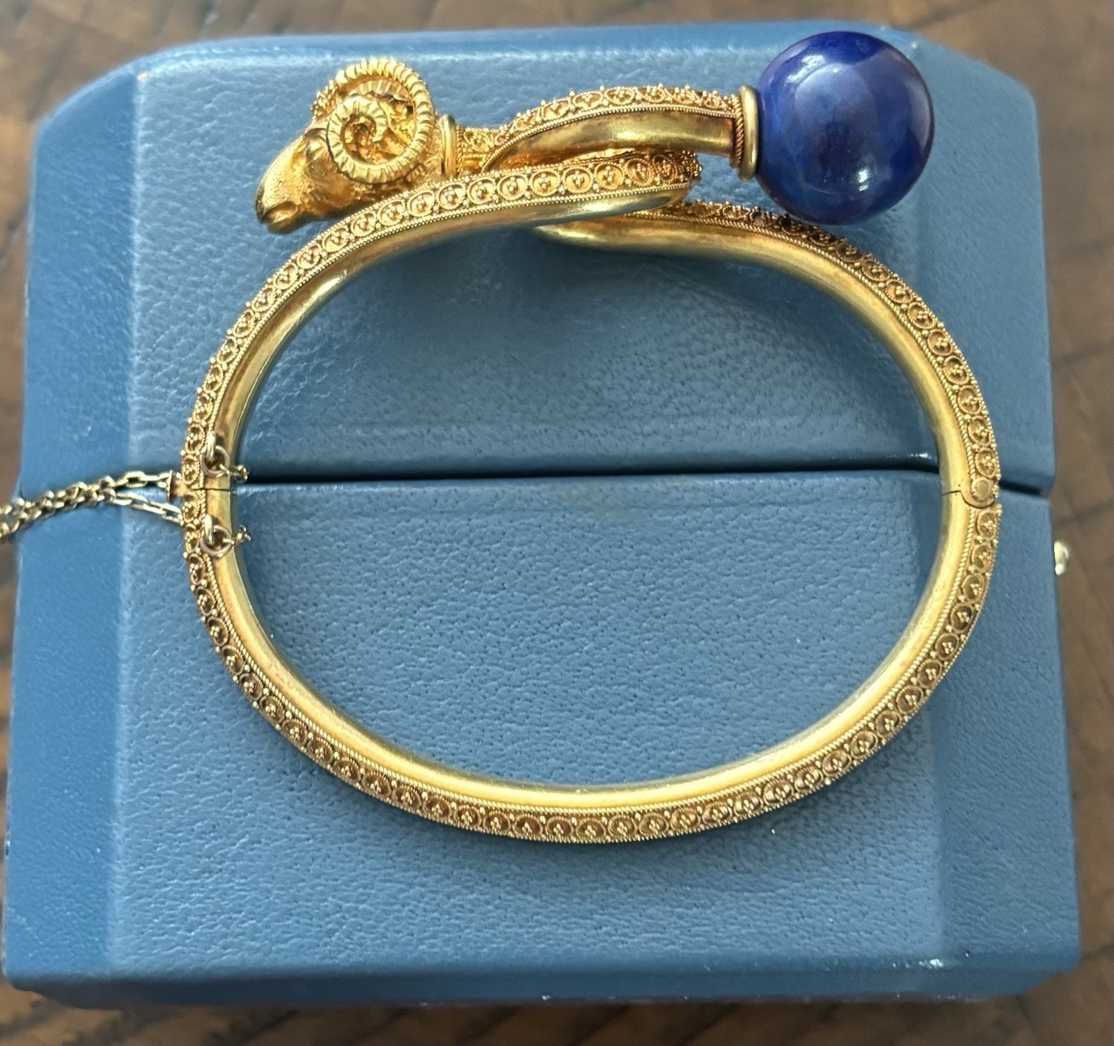 Victorian Etruscan Revival Lapis & Ram’s Head Bangle