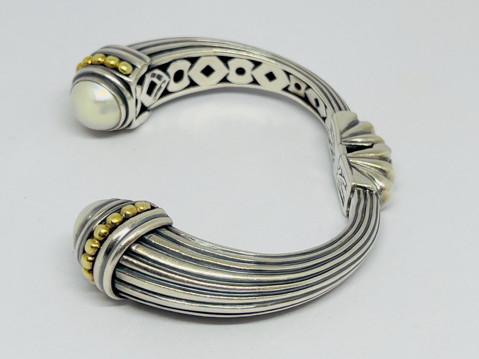 LAGOS Caviar Heavy 925/18k Yellow Gold Hinged Cuff Bracelet Mabe Pearls 64.7 g