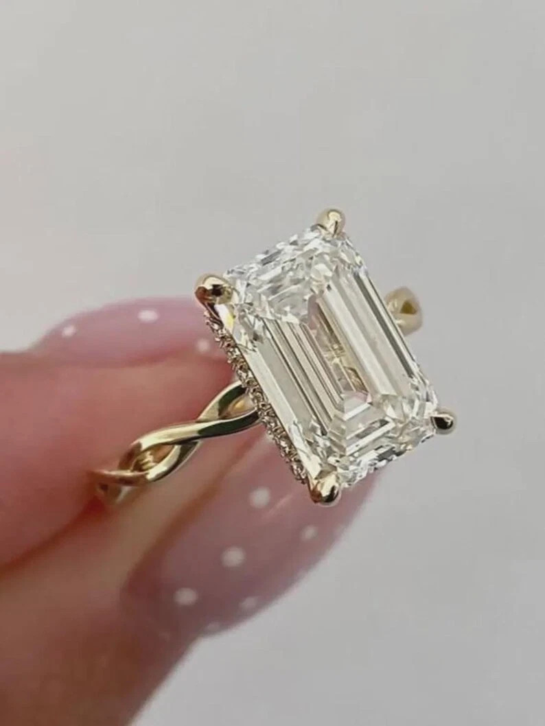 4.0CT Emerald Cut Cubic Zirconia Hidden Halo Twisted Vine Engagement Ring Silver