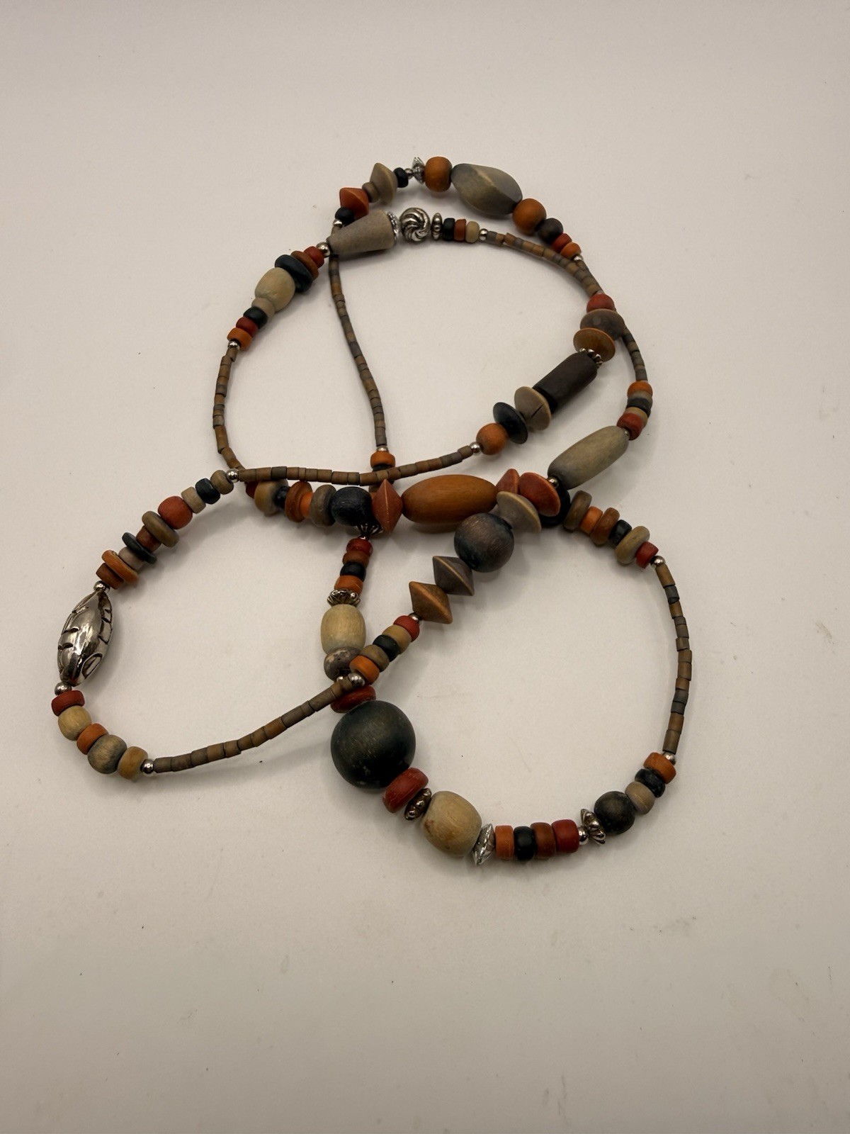 Artisan Long Wood Bead Necklace Earth Tone Boho Tribal Continuous Strand 37”