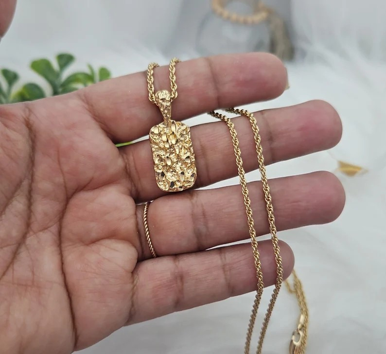 Gold Nugget Necklaces, Small Dog Tag Pendant, 1mm Rope Chain, 14k Plated Gold
