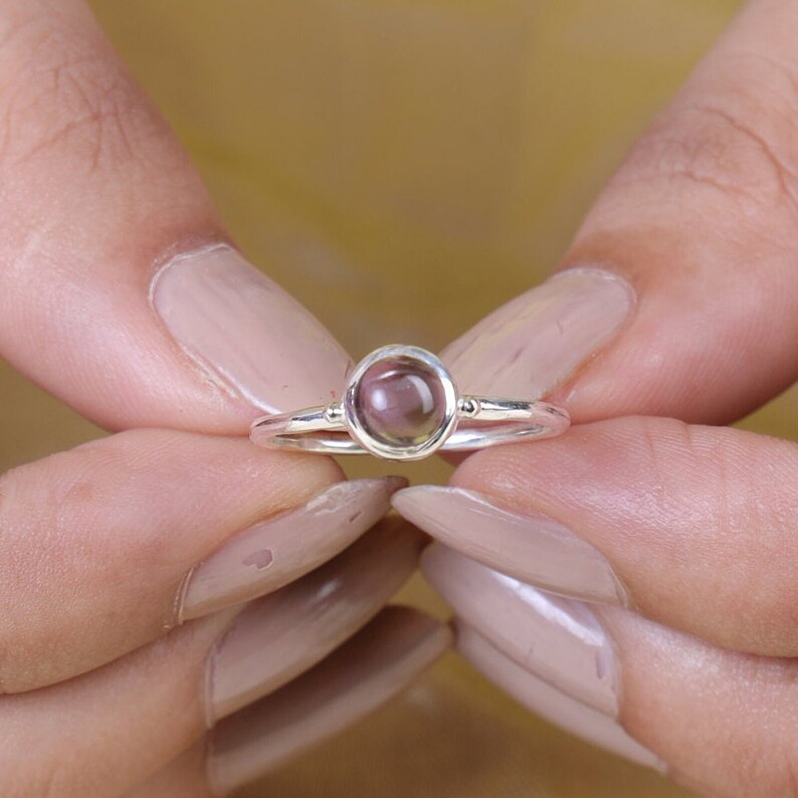 Natural Amethyst Round Cut Stone 925 Sterling Silver Women Handmade Simple Ring