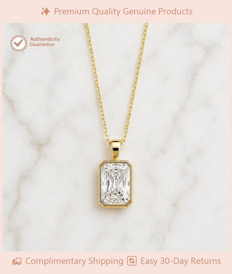 Solid 14K Yellow Gold 1.50CT Radiant Natural Diamond Pendant Bezel Necklace
