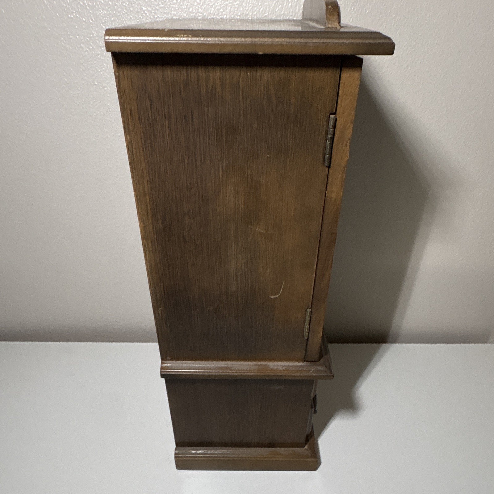 Wood Jewelry Box Armoire, Brown w/ Glass Doors & Mirror, Blue Lined, Vintage
