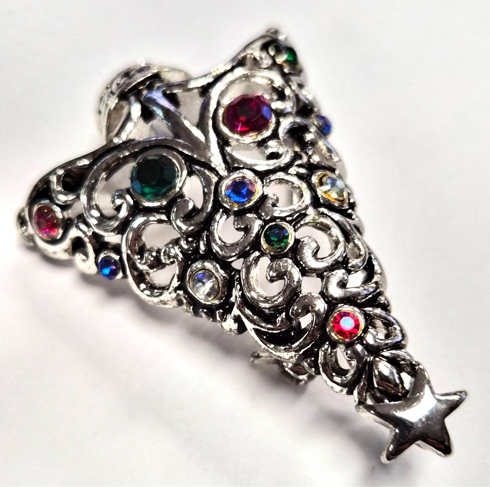 Estate Silver Tone & Rhinestone Christmas Tree Open Scroll Pendant Pin / Brooch