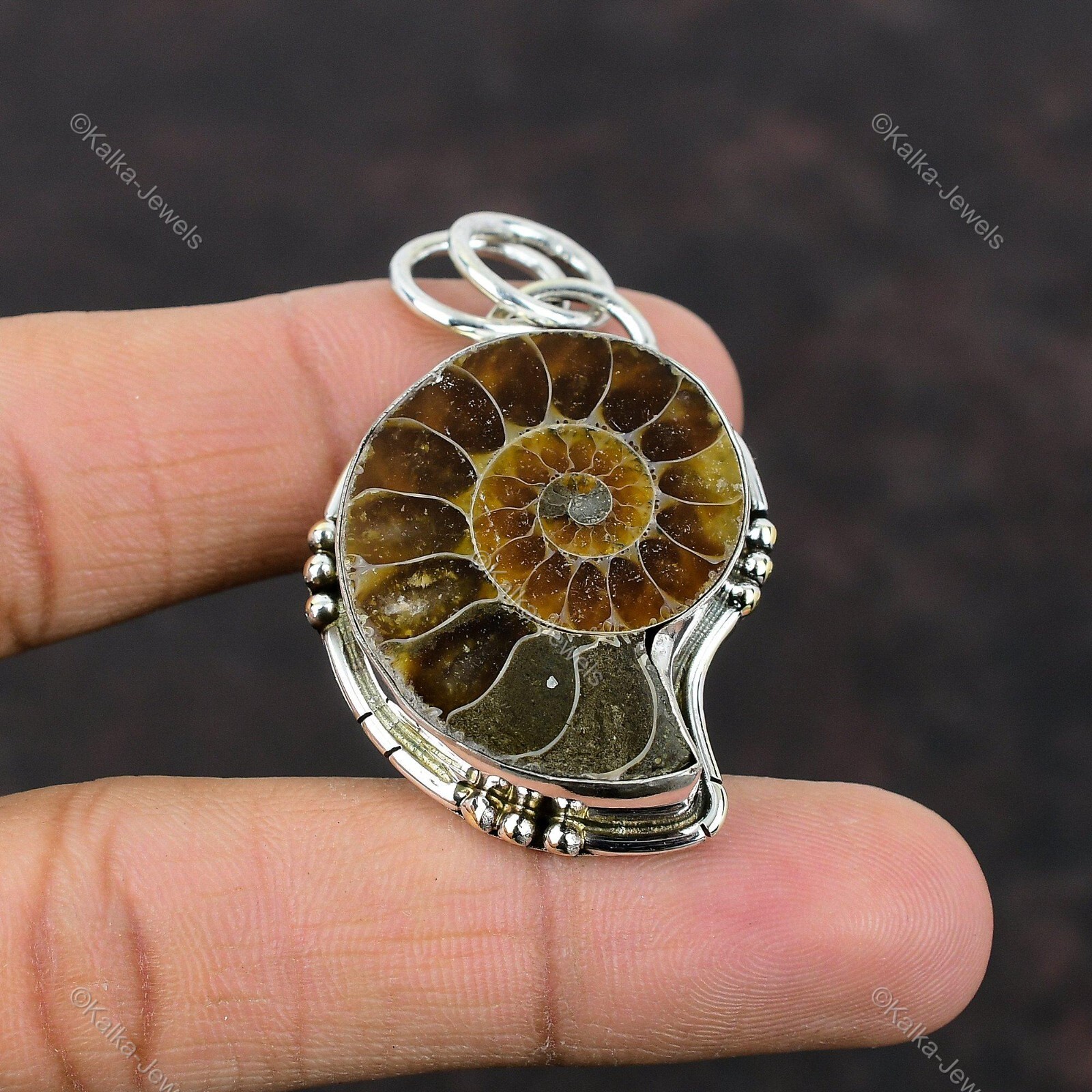 Natural Ammonite Fossil Gemstone Pendant Vintage 925 Sterling Silver Jewelry