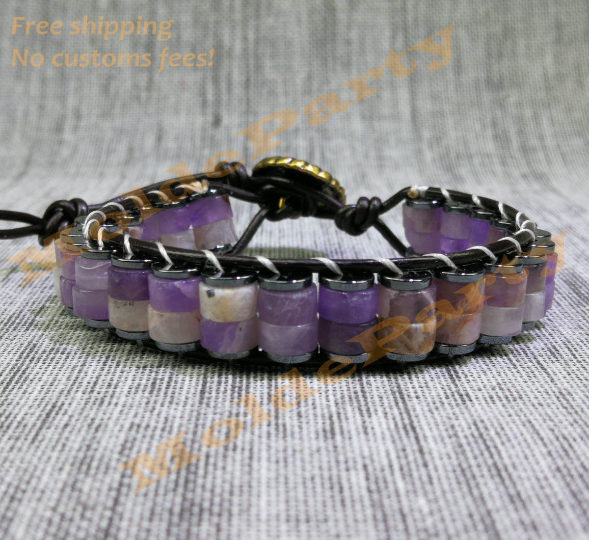 Handmade Natural Gemstone Mauve Jade Beaded Leather Bracelet Gift Healing Reiki
