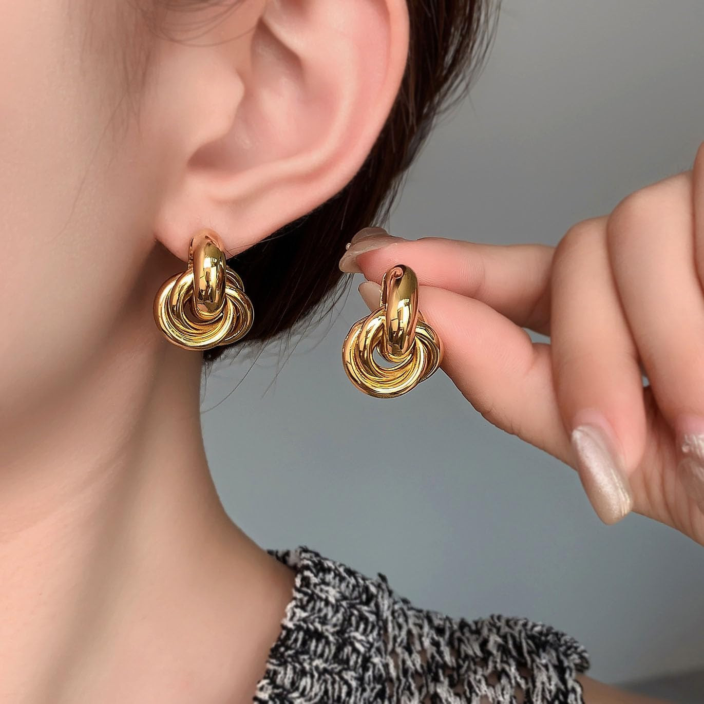 2 Pairs Gold Knot Earrings Chunky Statement Earrings Geometric Drop Dangle Earri