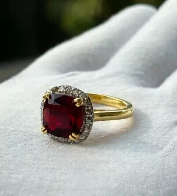 1.86Ct Cushion Lab-Created Garnet Engagement Halo Ring 14K Yellow Gold Plated