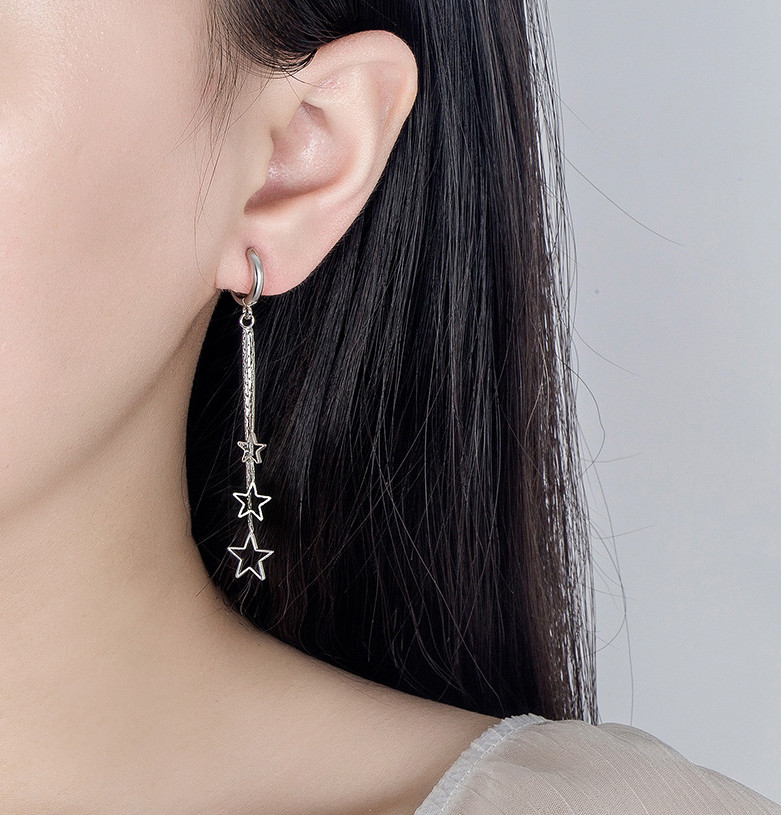 925 Sterling Silver Plated Dangle Tassel Star Huggie Hoop Earrings Women TH3